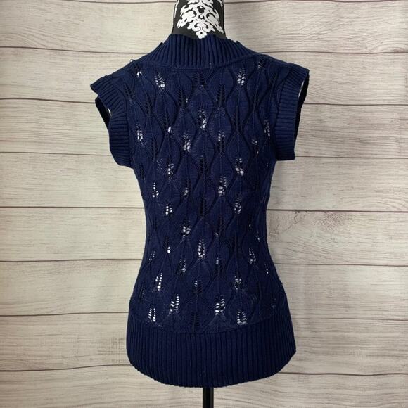 Charlotte Russe Navy Blue Knit Sweater Sheer Deep V-Neck Short Sleeves Medium - Picture 3 of 9